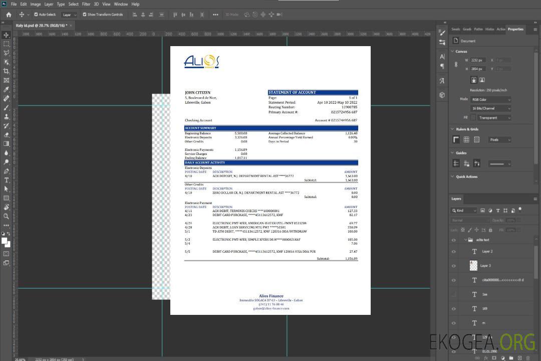 Relevé bancaire Gabon Alios Finance template